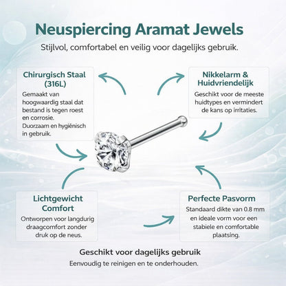Aramat Jewels silver-colored steel nose stud with a clear round zirconia stone.