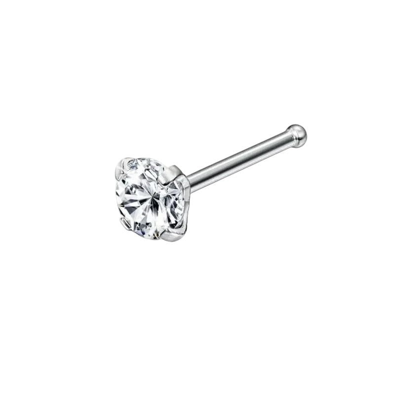 Aramat Jewels silver-colored steel nose stud with a clear round zirconia stone and a straight post.