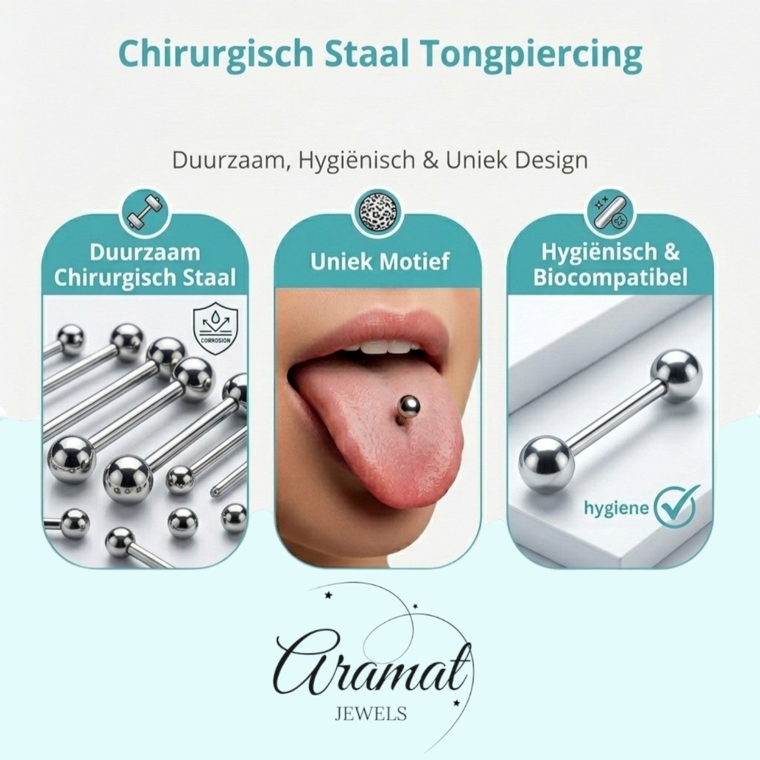 Aramat Jewels silver surgical steel tongue piercing with a small star design on the lower ball. Durable and hygienic.