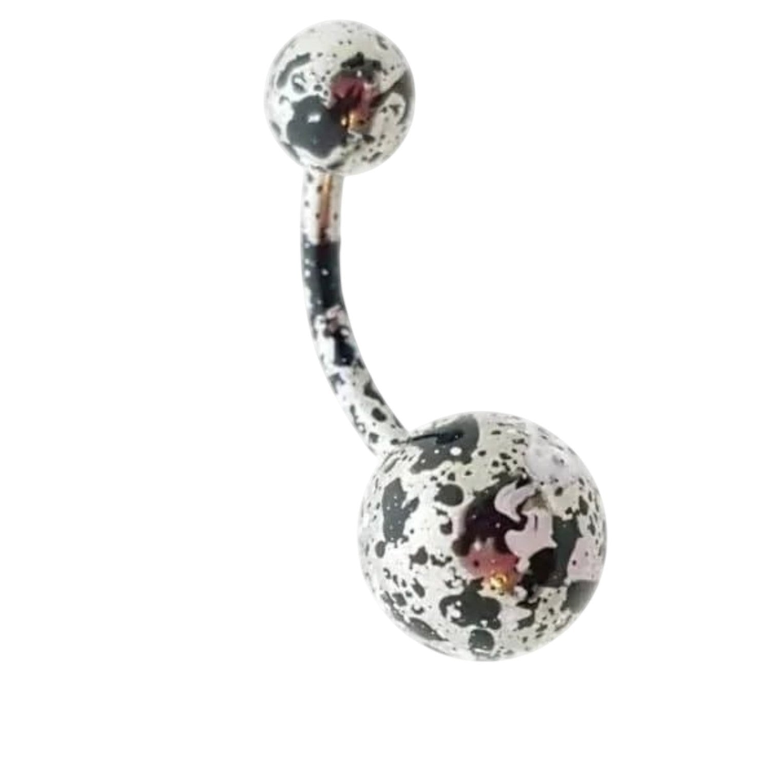 Aramat Jewels silver-colored steel navel piercing with black and white speckle pattern. 1.6mm gauge, 25mm length.