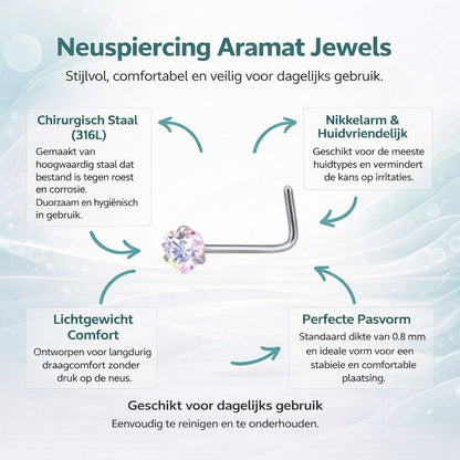 Aramat Jewels stainless steel nose piercing with a heart-shaped AB iridescent cubic zirconia stone.