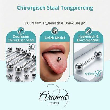 Aramat Jewels stainless steel tongue piercing with a black and white cross logo on the top ball. Silver-colored with a 16mm bar.