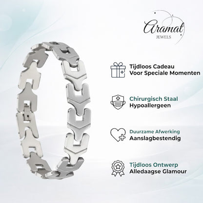 Zilverkleurige Aramat Jewels armband van 316L edelstaal met unieke fantasieschakels en een stevige kliksluiting.