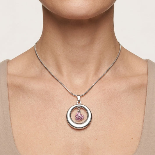 Aramat Jewels® stalen ashanger open cirkel met roze kristal hart, RVS gedenksieraad