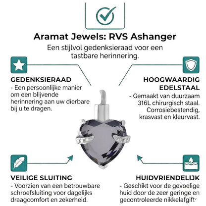 Aramat Jewels® stalen ashanger in hartvorm met grote grijze steen en kleine zirkonia's. Gedenksieraad zonder ketting.
