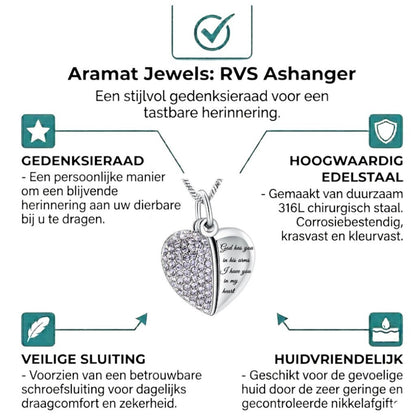 Aramat Jewels stalen hartvormige ashanger met lila kristallen en de tekst "God has you in his arms, I have you in my heart".