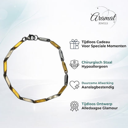 Aramat Jewels bicolor stalen schakelarmband met bamboe-look schakels, 3mm breed en 22cm lang.