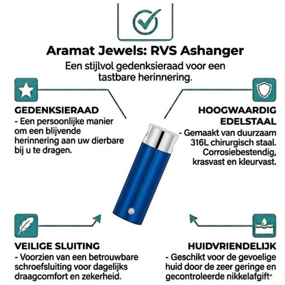 Aramat Jewels stalen blauwe ashanger met schroefsluiting, een gedenksieraad voor as.