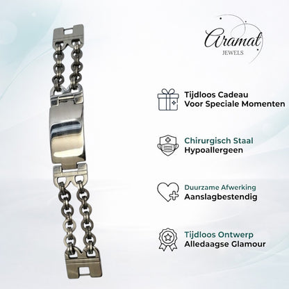 Aramat Jewels brede zilverkleurige stalen armband met dubbele schakels en een glad middenstuk.