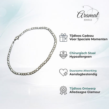 Aramat Jewels® zilverkleurige stalen Figaro armband van 3mm breed en 20cm lang, met RVS materiaal.