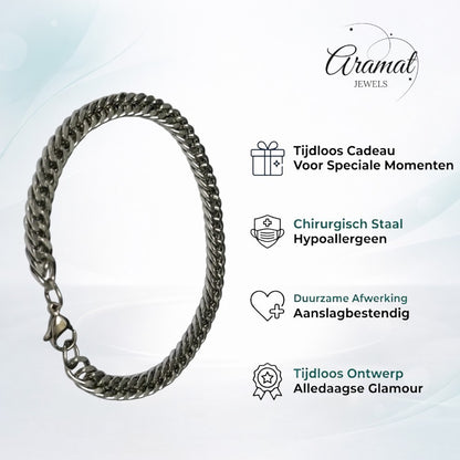 Aramat Jewels stoere dubbele gourmet schakelarmband van 316L roestvrij staal in zilverkleur met karabijnsluiting