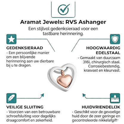 Aramat Jewels zilverkleurige en rosékleurige stalen hart crematiehanger met schroefsluiting voor as.