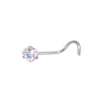 Aramat Jewels stalen neuspiercing met een hartvormig AB transparant zirkonia steentje en een handig S-bocht staafje.