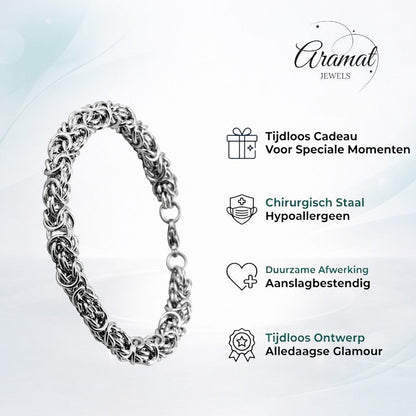 Aramat Jewels stalen koningsarmband met byzantijnse schakel, 7mm breed en 20cm lang, zilverkleurig.
