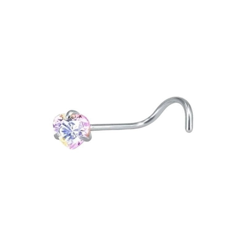 Aramat Jewels stalen neuspiercing met hartvormige AB transparante zirkonia en S-bocht staafje voor een elegante look.