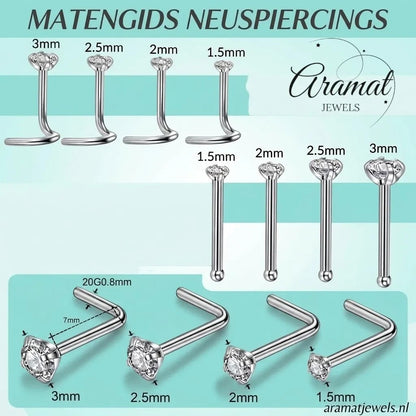 Maattabel voor Aramat Jewels neuspiercings van staal met transparante zirkonia steentjes in diverse afmetingen