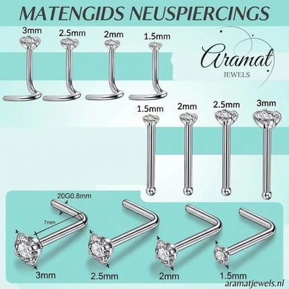 Aramat Jewels maattabel voor stalen neuspiercings met AB transparante zirkonia in verschillende maten en vormen.