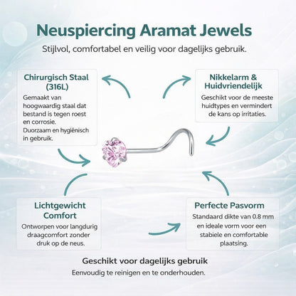 Aramat Jewels stalen neuspiercing met roze zirkonia steentje in hartvorm en S-bocht staafje voor comfort.
