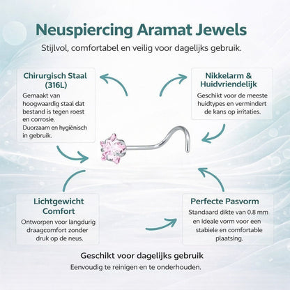 Aramat Jewels stalen neuspiercing met roze zirkonia steentje en S-bocht staafje voor een comfortabele pasvorm.