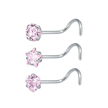 Aramat Jewels stalen neuspiercings met roze zirkonia in ronde, ster- en hartvorm met handig S-bocht staafje.
