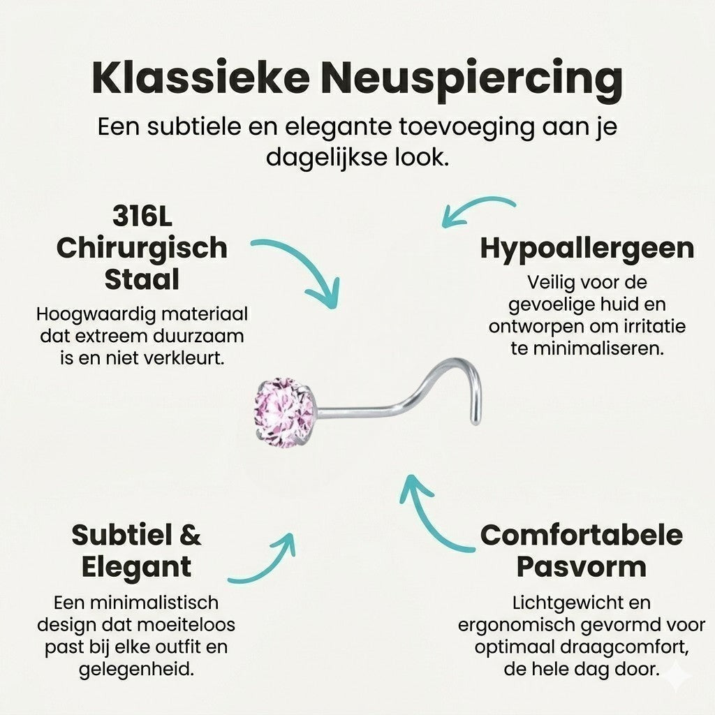 Aramat Jewels stalen neuspiercing met roze zirkonia steentje en comfortabel S-bocht staafje voor dagelijks gebruik.