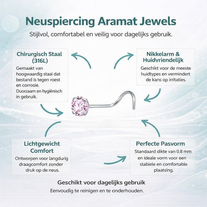 Aramat Jewels stalen neuspiercing met roze zirkonia steentje en S-bocht staafje, getoond met productkenmerken.