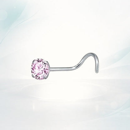 Aramat Jewels stalen neuspiercing met een roze zirkonia steentje en een handig S-bocht staafje voor een goede grip.