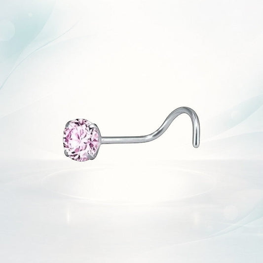 Aramat Jewels stalen neuspiercing met een roze zirkonia steentje en een handig S-bocht staafje voor een goede grip.