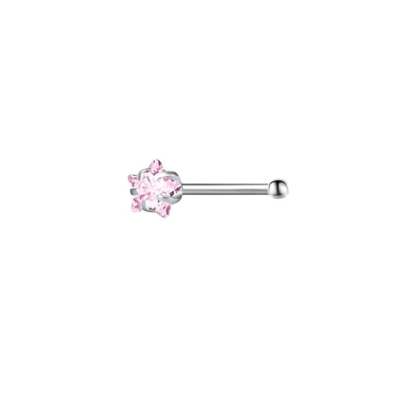 Aramat Jewels stalen neuspiercing met een zilverkleurig recht staafje en een schitterende roze zirkonia in stervorm.