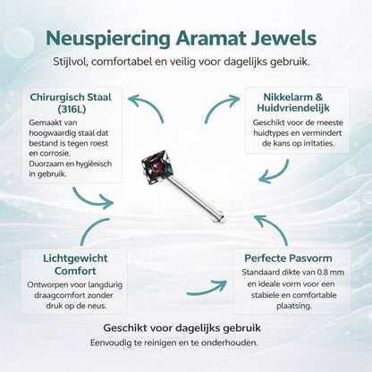 Aramat Jewels neuspiercing van chirurgisch staal met een vierkante zirkonia steen en informatieve productkenmerken.