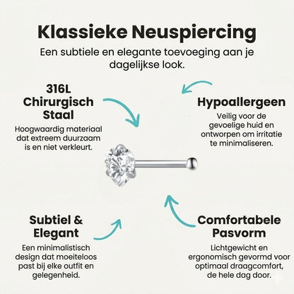 Aramat Jewels stalen neuspiercing met transparante zirkonia en recht staafje, zilverkleurig en minimalistisch design.