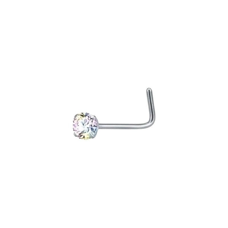 Aramat Jewels stalen neuspiercing met een sprankelend AB transparant zirkonia steentje en een gebogen staafje.