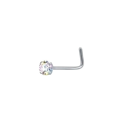 Aramat Jewels stalen neuspiercing met een sprankelend AB transparant zirkonia steentje en een gebogen staafje.