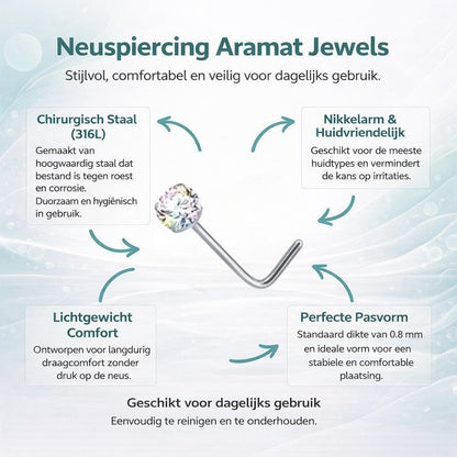 Aramat Jewels stalen neuspiercing met gebogen staafje en schitterende AB transparante zirkonia steen.