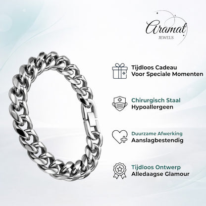 Aramat Jewels zilverkleurige stalen gourmet schakelarmband voor heren, 21cm lang en 12mm breed.