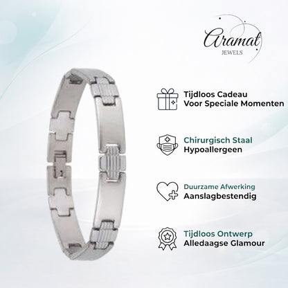 Aramat Jewels zilverkleurige stalen schakelarmband voor heren met gepolijste strepen en matte details, 21 cm lang.