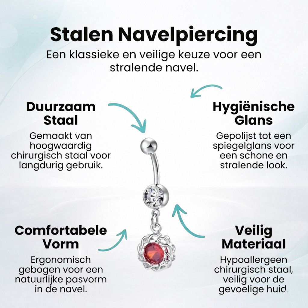 Aramat Jewels silver-tone steel belly button piercing with clear and red cubic zirconia stones.