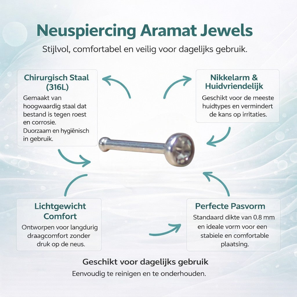 Aramat Jewels straight steel nose piercing with a 1.5mm clear crystal stud.