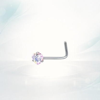 Aramat Jewels® silver steel L-shaped nose piercing with a heart-shaped AB iridescent cubic zirconia stone.