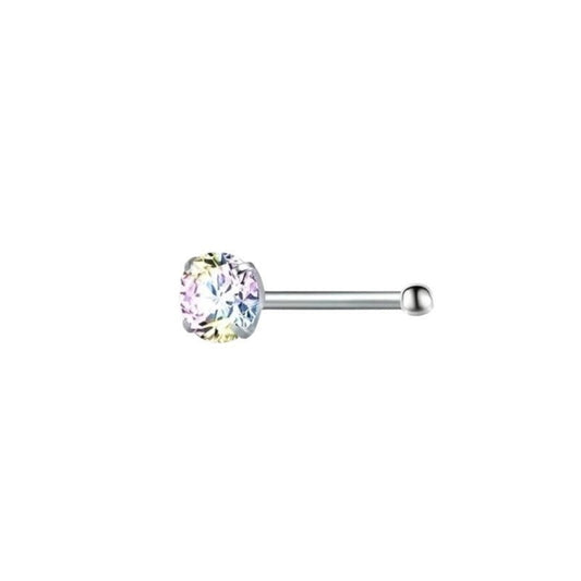 Aramat Jewels steel nose piercings with AB clear cubic zirconia in round, star, and heart shapes.