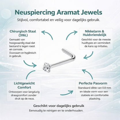 Aramat Jewels silver steel L-shaped nose piercing with a clear cubic zirconia stone.