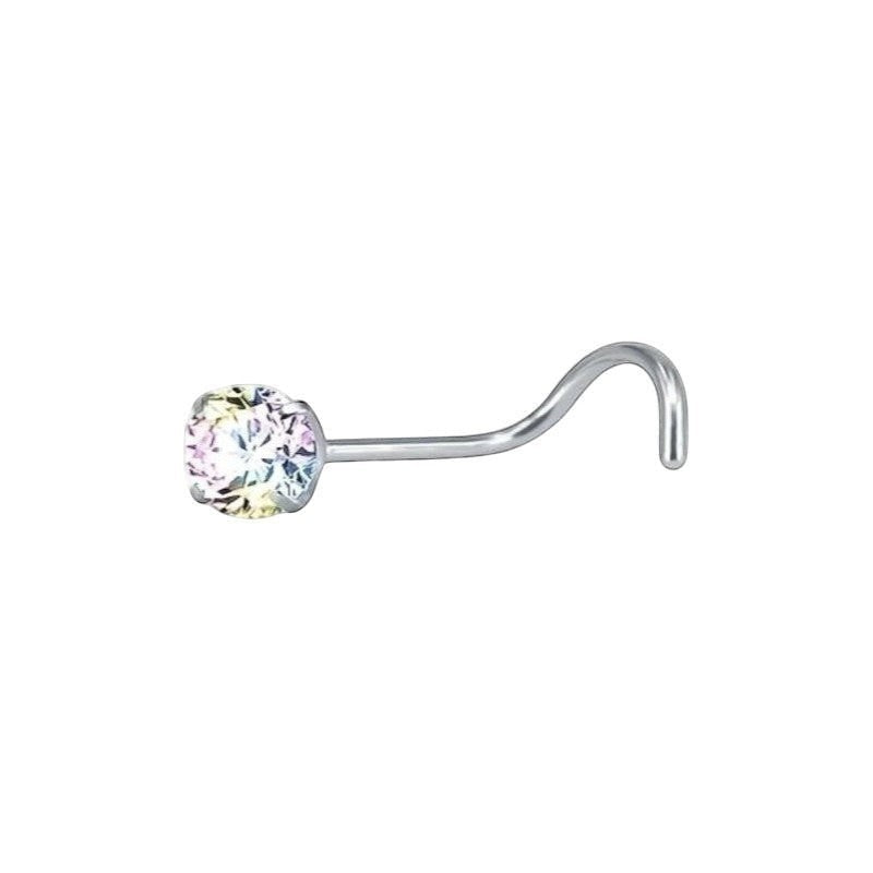 Aramat Jewels steel nose piercing with AB transparent cubic zirconia. Features a curved S-shaped bar and a sparkling gem.