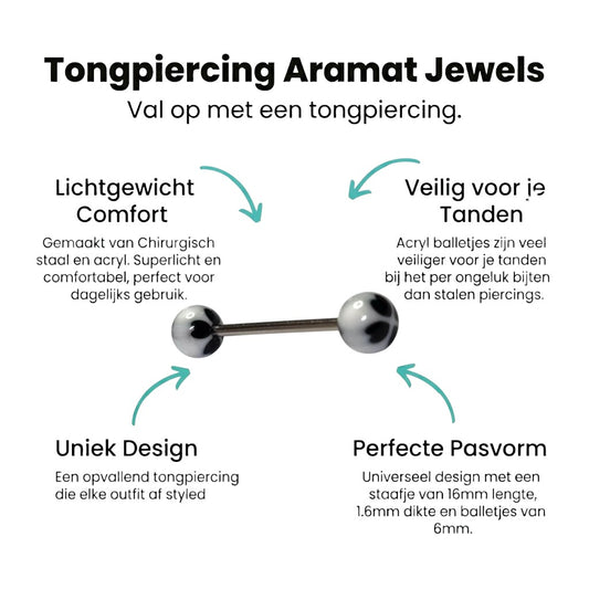 Aramat Jewels steel tongue piercing with black and white acrylic heart designs on the balls.