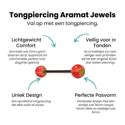 Aramat Jewels steel tongue piercing with orange, yellow, and white acrylic balls.