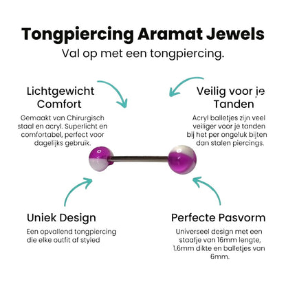 Aramat Jewels steel tongue piercing with purple and white acrylic balls. Features a 6mm ball size and 16mm bar.