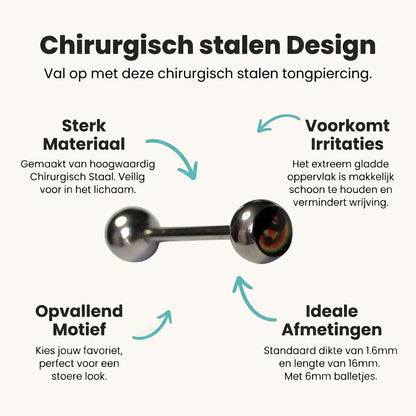 Aramat Jewels steel tongue piercing with a black, yellow, red, and green Yin Yang symbol on one ball.