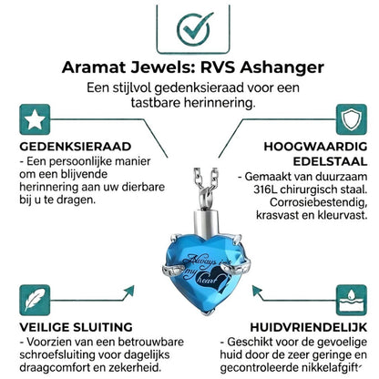 Aramat Jewels turquoise stalen hartvormige ashanger met de tekst 'Always in my heart'. RVS gedenksieraad zonder ketting.