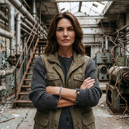 Aramat Jewels zilverkleurige vossenstaart armband van RVS, 20cm lang, gedragen door een vrouw in een industriële omgeving.