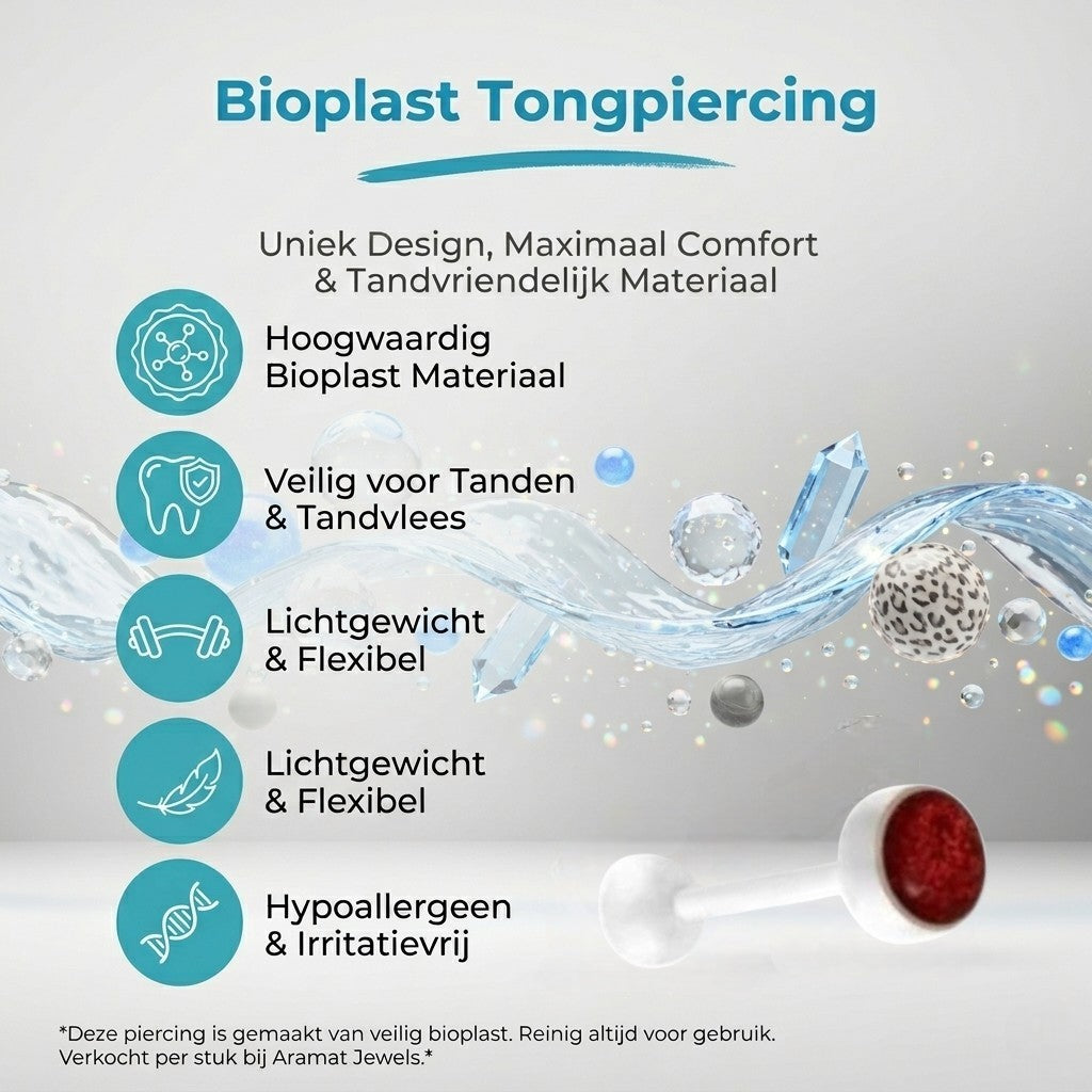 Aramat Jewels white bioplast tongue piercing with a red glitter top. Made from bio-plastic.