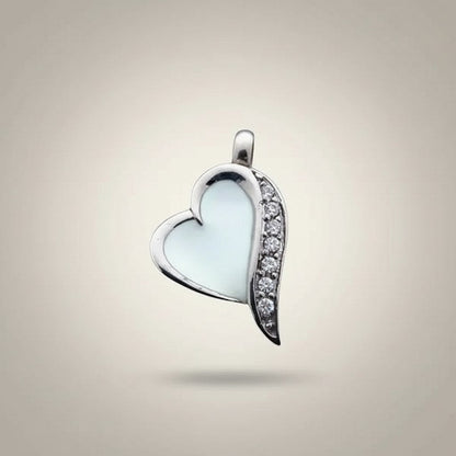 Aramat Jewels white enamel heart cremation pendant with cubic zirconia accents, 2.7x1.6cm, made of stainless steel.